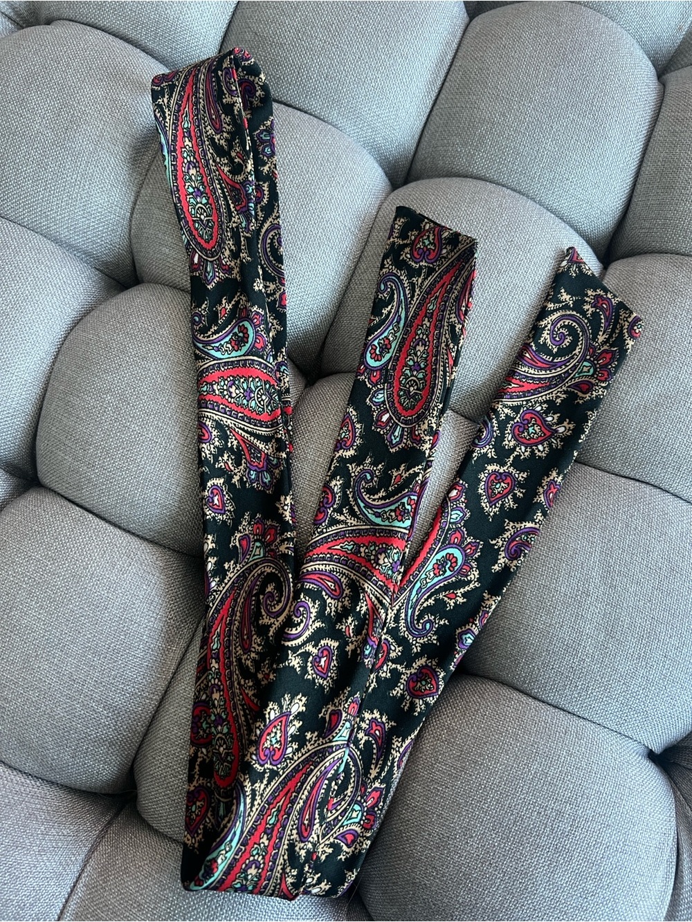 Black Paisley Skinny Scarf with Red & Teal Accents